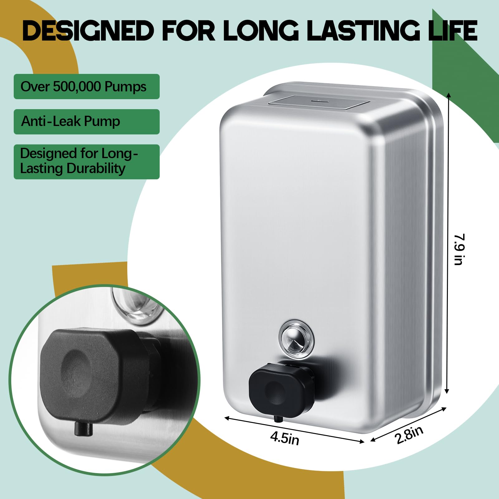 Maxdot Dispensador de jabón comercial de acero inoxidable para montaje en pared, 38 onzas/1100 ml, con bomba manual antifugas para el hogar, baño, accesorios de cocina