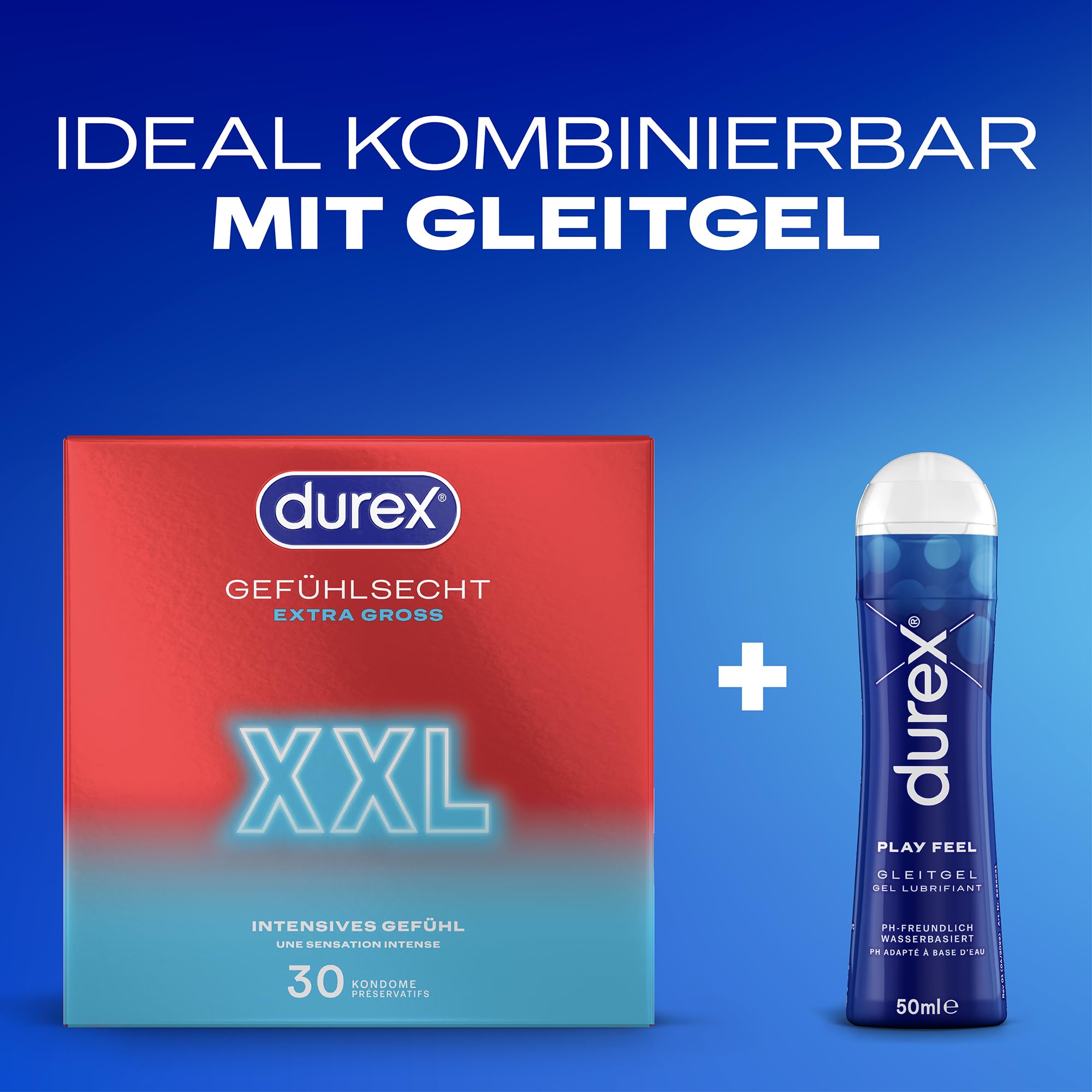Durex Gefühlsecht XXL Kondome – Dünne Kondome mit großer Passform & mit Silikongleitgel befeuchtet, transparent, angenehmer Geruch - für einen komfortablen Sit – 30er Pack (1 x 30 Stück)