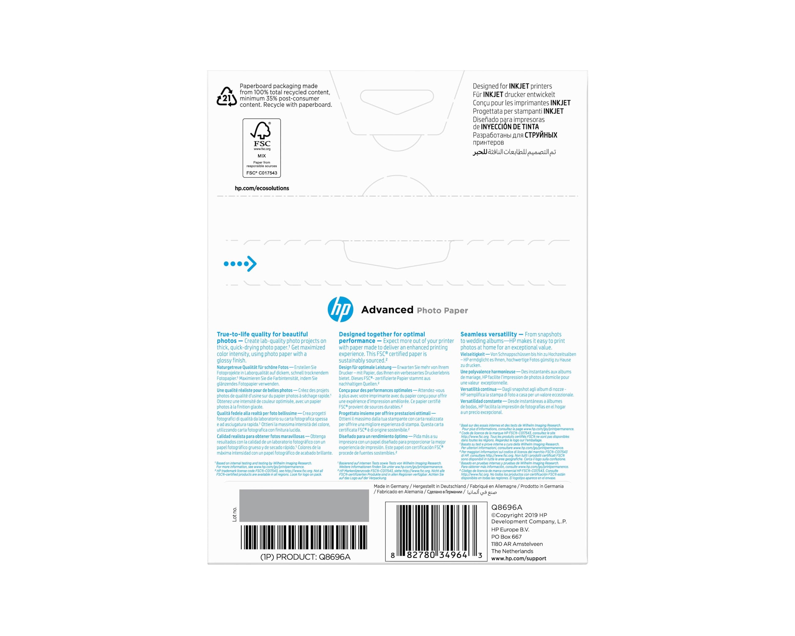 HP Carta fotografica lucida Q8696A 250 g/m2 13x18 cm 25 fogli