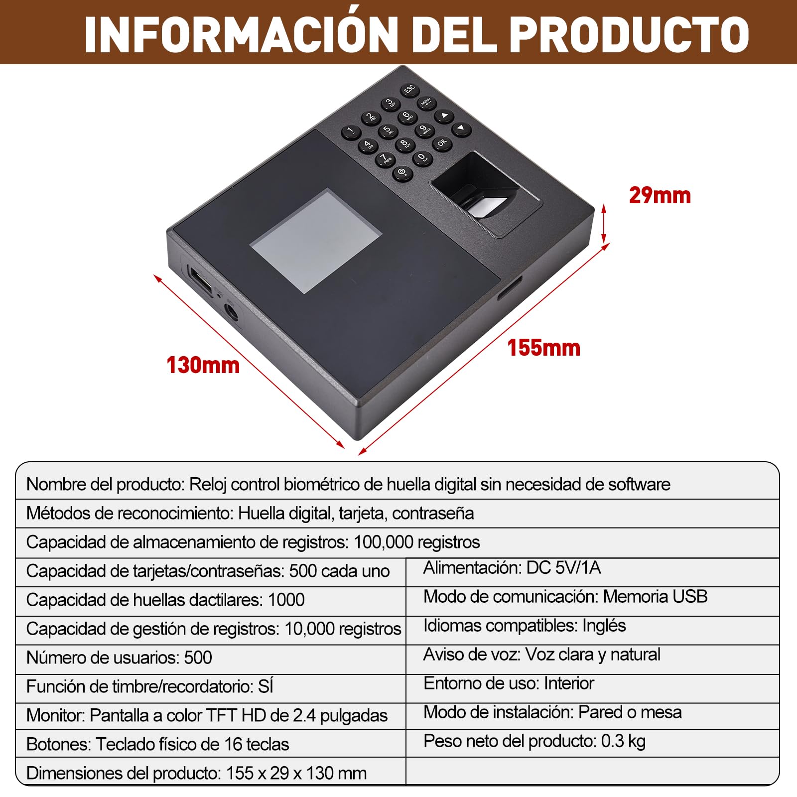 Control Horario para Empleados – Reloj de Fichar Biométrico 3-en-1 con Huella Dactilar, 10 Tarjetas RFID y Código Pin – Máquina de Asistencia para Pequeñas Empresas, Español, Sin Cuotas Mensuales