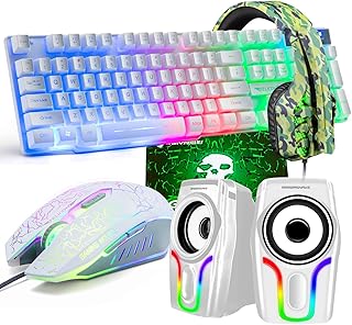 UK Layout 5-in-1 Wired Gaming Keyboard Mouse Sets Rainbow Backlit Usb Gaming Keyboard+2400DPI 6 Buttons Optical Rainbow LED Gaming Mouse+Gaming Headset+RGB Speakers+Mouse Pads for Computer/PC(White)