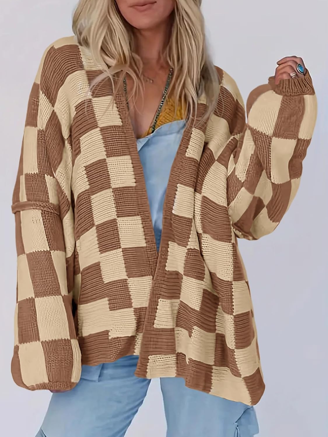 Saodimallsu Womens Checkered Oversized Cardigan Sweaters Color Block Chunky Open Front Lantern Sleeve Plaid Knit Coats - Image 2