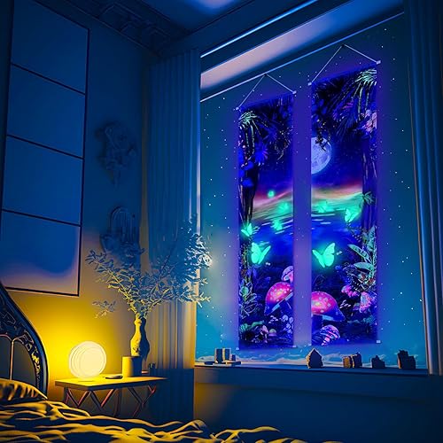 Miniatura 4 de Tiamon 2 piezas de arte de luz negra para decoración de pared, tapiz con luz negra trippy, tapiz reactivo a los rayos UV, cartel estético para