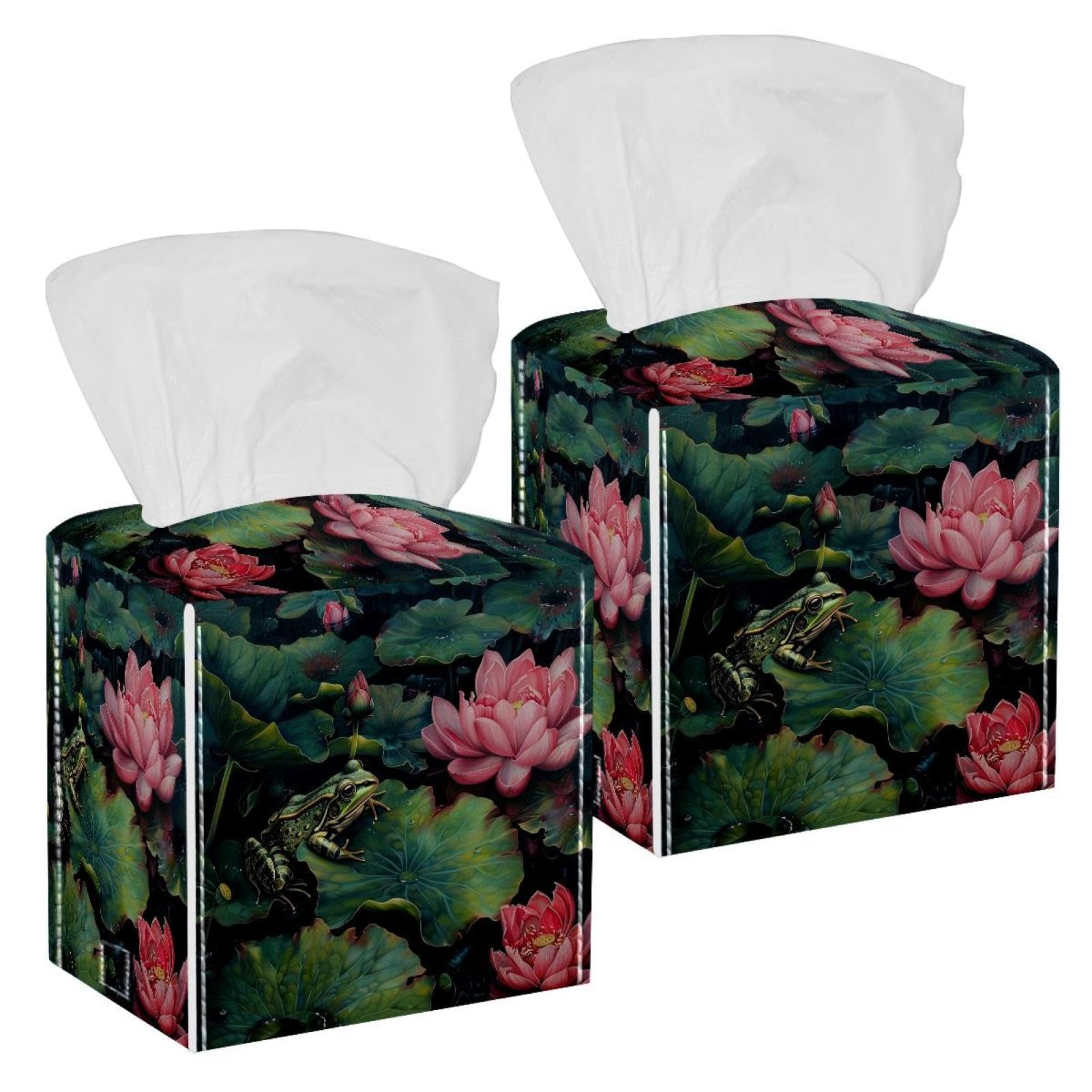 Frog on Lotus Pond Tissue Box Cover, 2 Pack PU Leather Square Facial Tissue Dispenser Box holder for Home Office Car