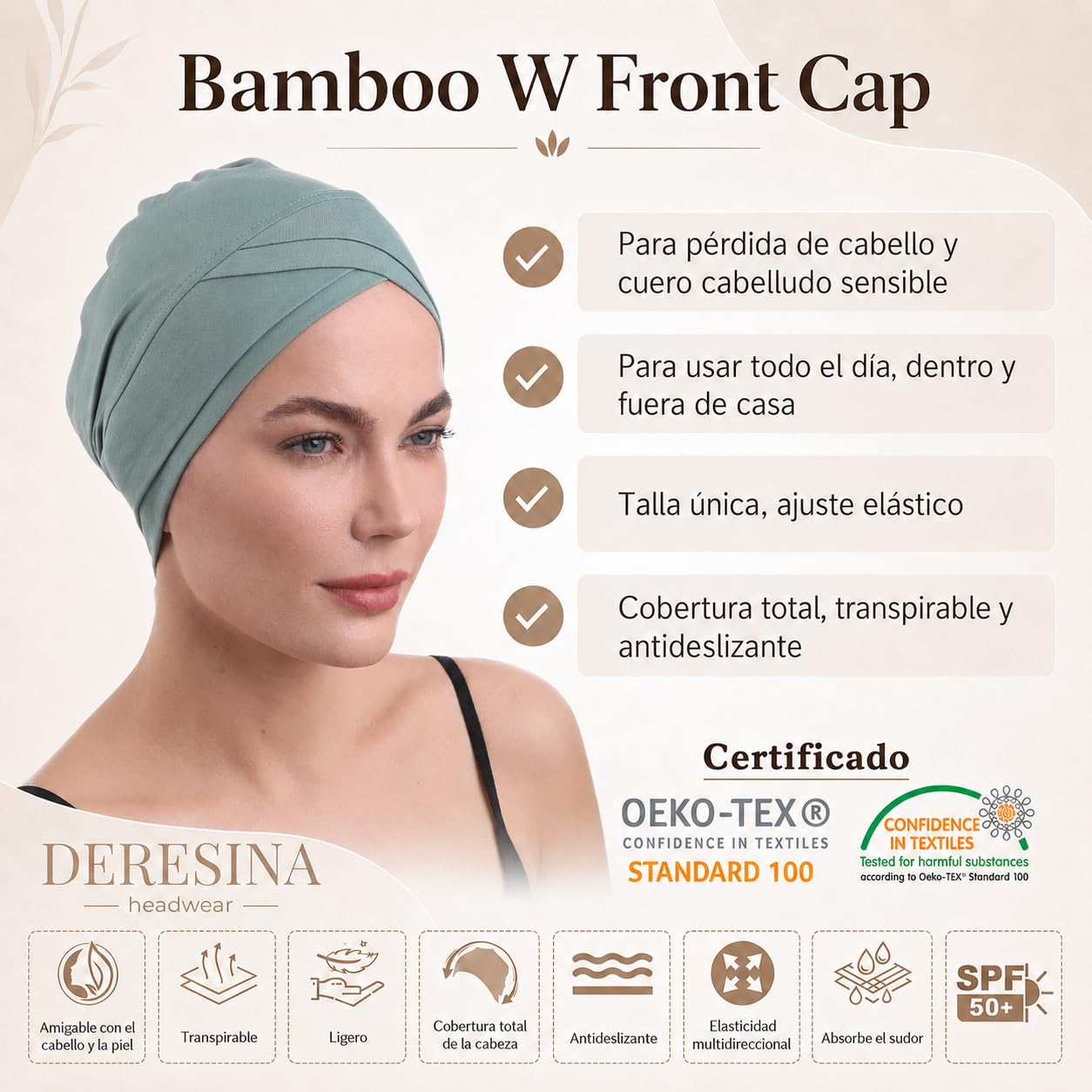 Deresina Gorro de Quimioterapia W-Front de Bambú para Mujer – Turbante Suave y Transpirable para Alopecia y Caída del Cabello