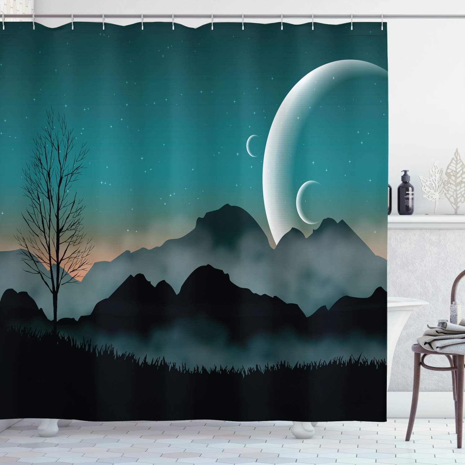 Ambesonne Space Shower Curtain, Night Sky on Mountain Range Forest Crescent Moon Star Cosmic Infinity Astral Graphic, Cloth Fabric Bathroom Decor Set with Hooks, 69" W x 75" L, Teal Black