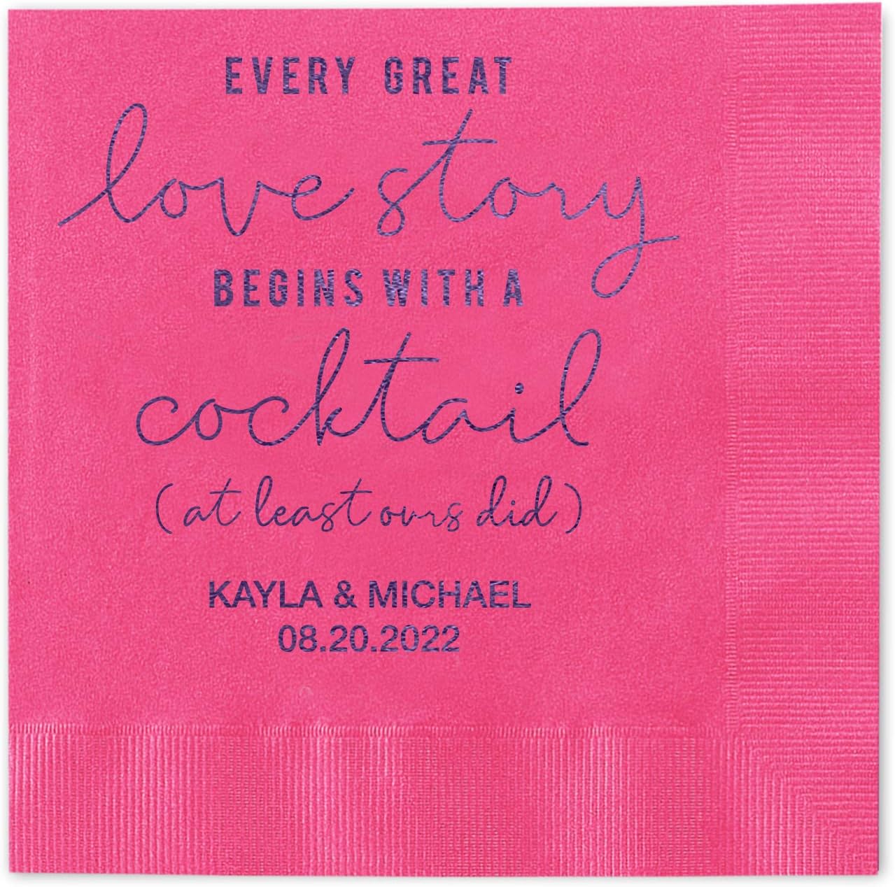 Love Story Personalized Cocktail Napkins - 100 Coral Paper Coined Napkins With Choice Of Foil/Folded 4 3/4" x 4 3/4" Beverage Napkins Made in The USA