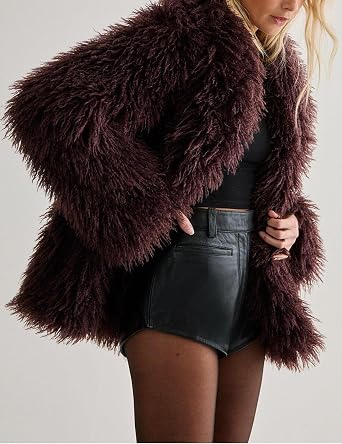 Yimoon Womens Faux Fur Coat Fluffy Faux Fur Jacket Winter Long Sleeve Lapel Collar Furry Shaggy Parka Coat(WineRed-Medium)
