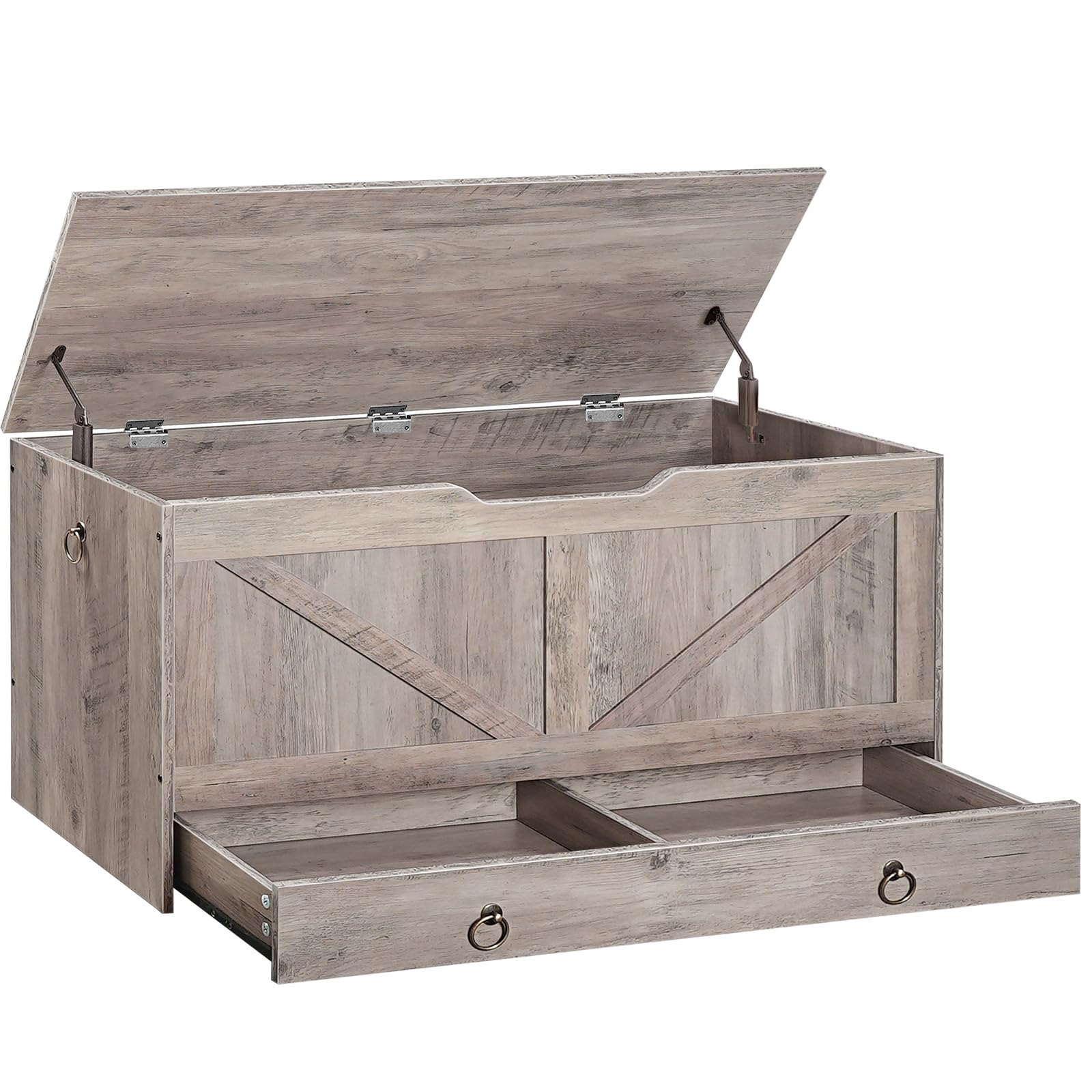 View 1 of ***MISSING PARTS**MINOR DAMAGE***HOOBRO Storage Chest, 39.3" Toy Chest with Drawer, Wooden Storage Bench, Sturdy Entryway Bench Supports 330 lb, Safety Hinge, U-Shaped Opening, Easy Assembly, Greige BG710CW01G2
