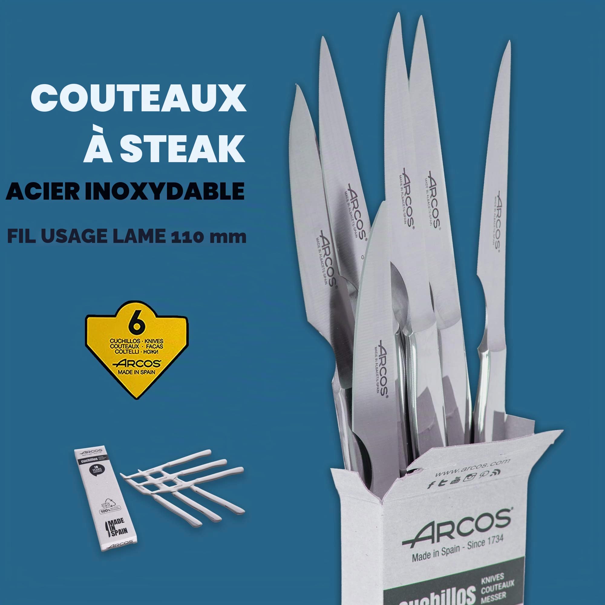 Arcos Lot de 6 couteaux à steak classiques avec manche plat Monobock Lame de 110 mm Couverts en acier inoxydable Boîte écologique (fil lisse)