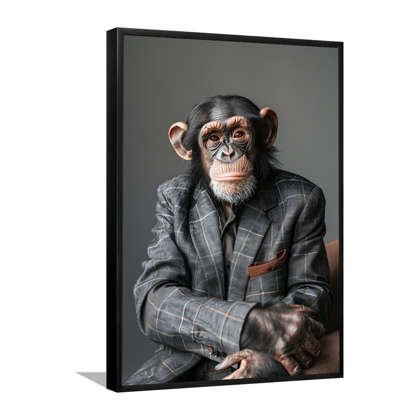 Via Vela Rétro Style Britannique Toile Mural Art Print Drôle Gentleman Animal Portrait Orang-outan Dans Un Costume À Carreaux Affiche Peinture Oeuvre d’Art Pour Bureau Decor 66x102cm Avec-Cadre-Noir
