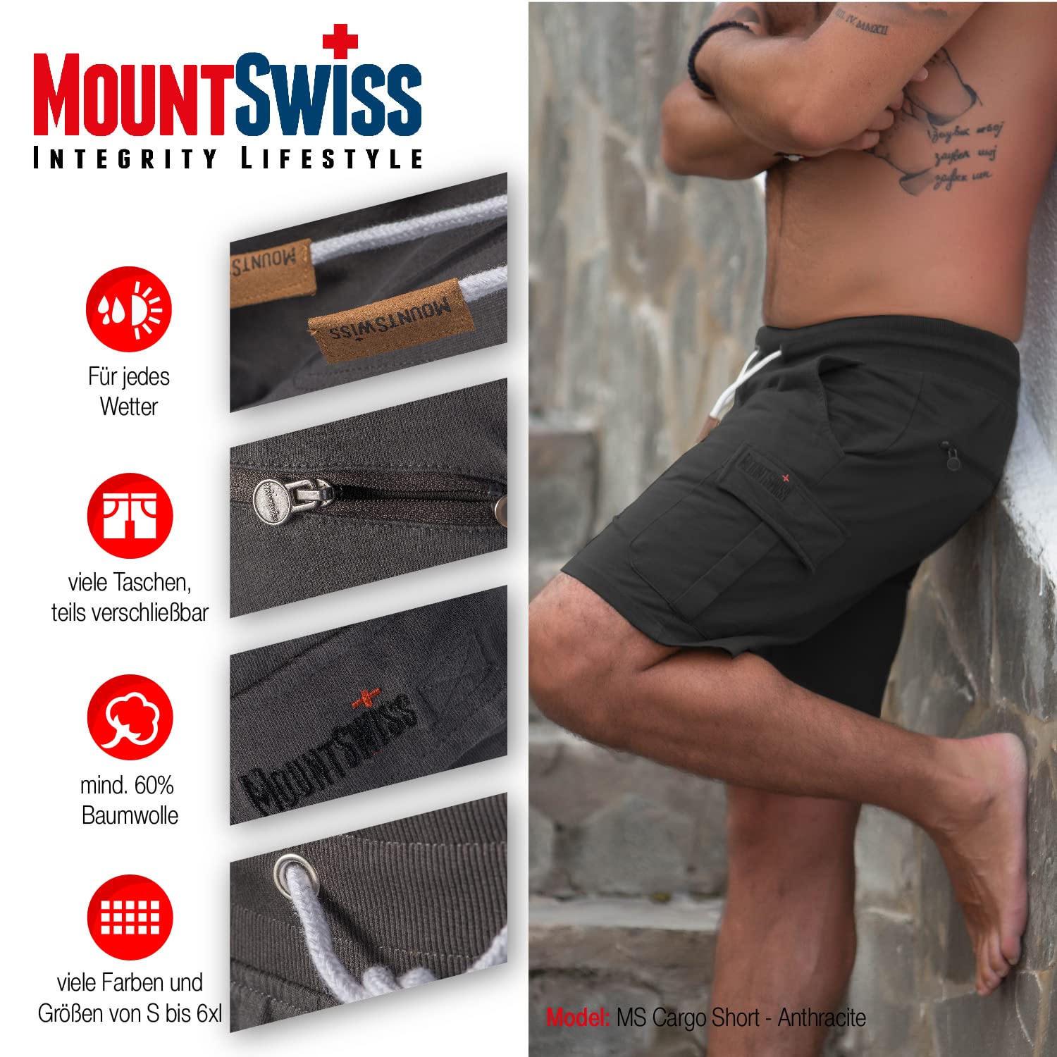 Mount Swiss Herren Cargo Shorts mit 6 Taschen & Klett- BZW. Reiß-Verschluss I Freizeit Hose Herren kurz in Anthrazit, Schwarz, Stahlgrau, Blaugrau Größe S - 8XL