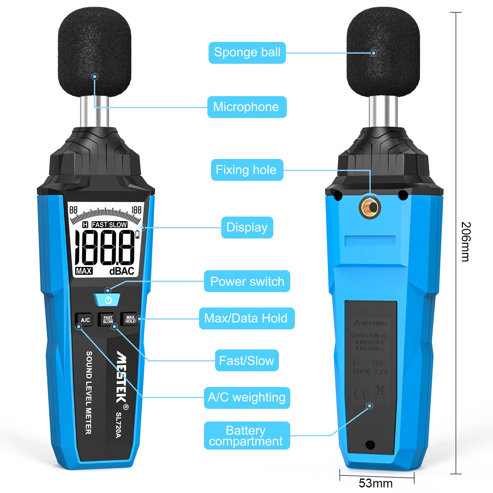 Sonometro, MESTEK Medidor Decibelios Portátil, de 30 dB a 130 dB, Pantalla LCD A/C Ponderado, se Puede Utilizar en Hogares, Fábricas y Carreteras