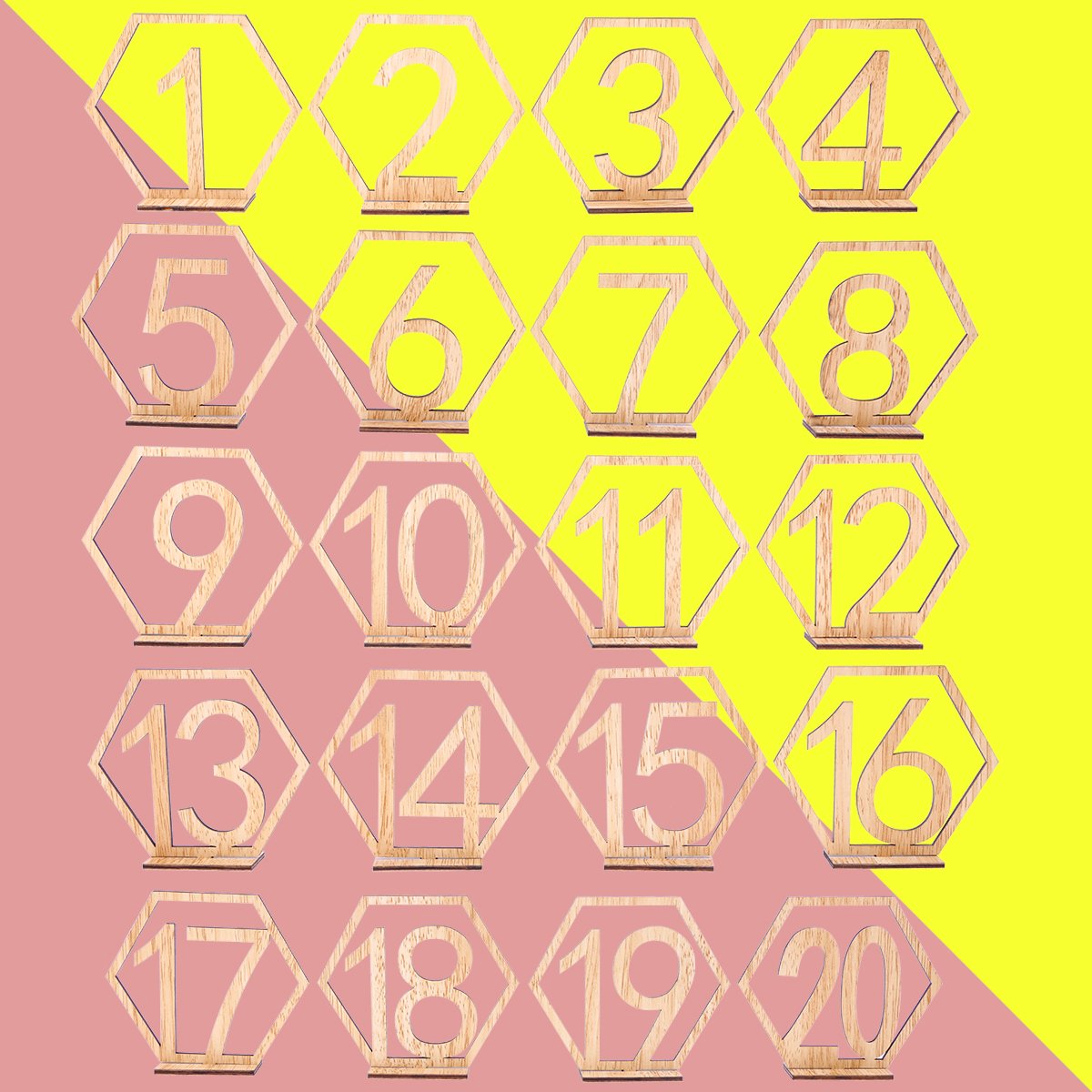 BESTOYARD Marque-Place Numéro de Table Hexagonale Bois 1-20, Déco Mariage Champêtre Réutilisable avec Socle, pour Banquet Anniversaire Baptême