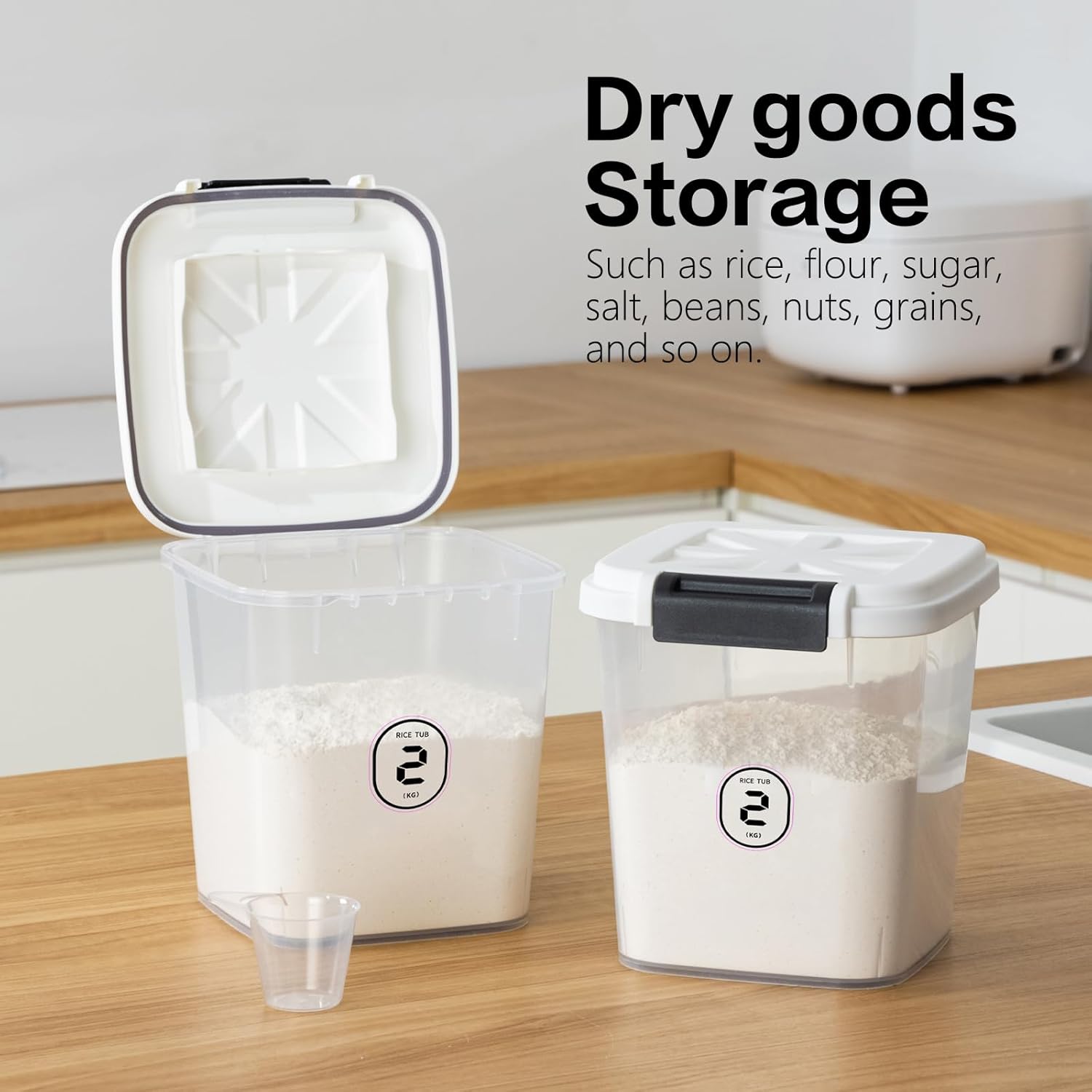 20LBS Flour Container - Rice Dispenser 20LBS/10KG/10.5Qt Food Cereal Container Bins with Measuring Cup for Household Pantry Organization