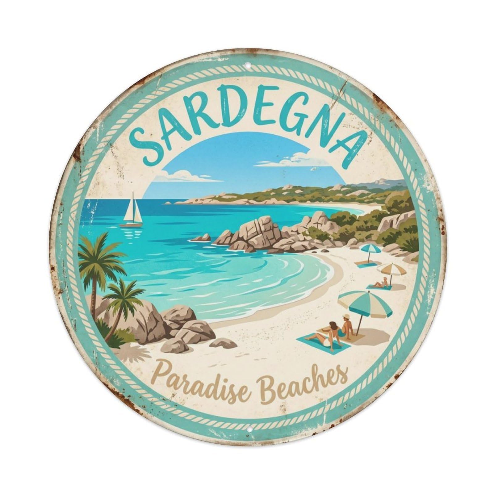 Vintage Travel Sardinia Beach Italy Metal Tin Sign Plaque Wall Decor for Cafe, Club, Garden Round Metal Poster 8x8Inch