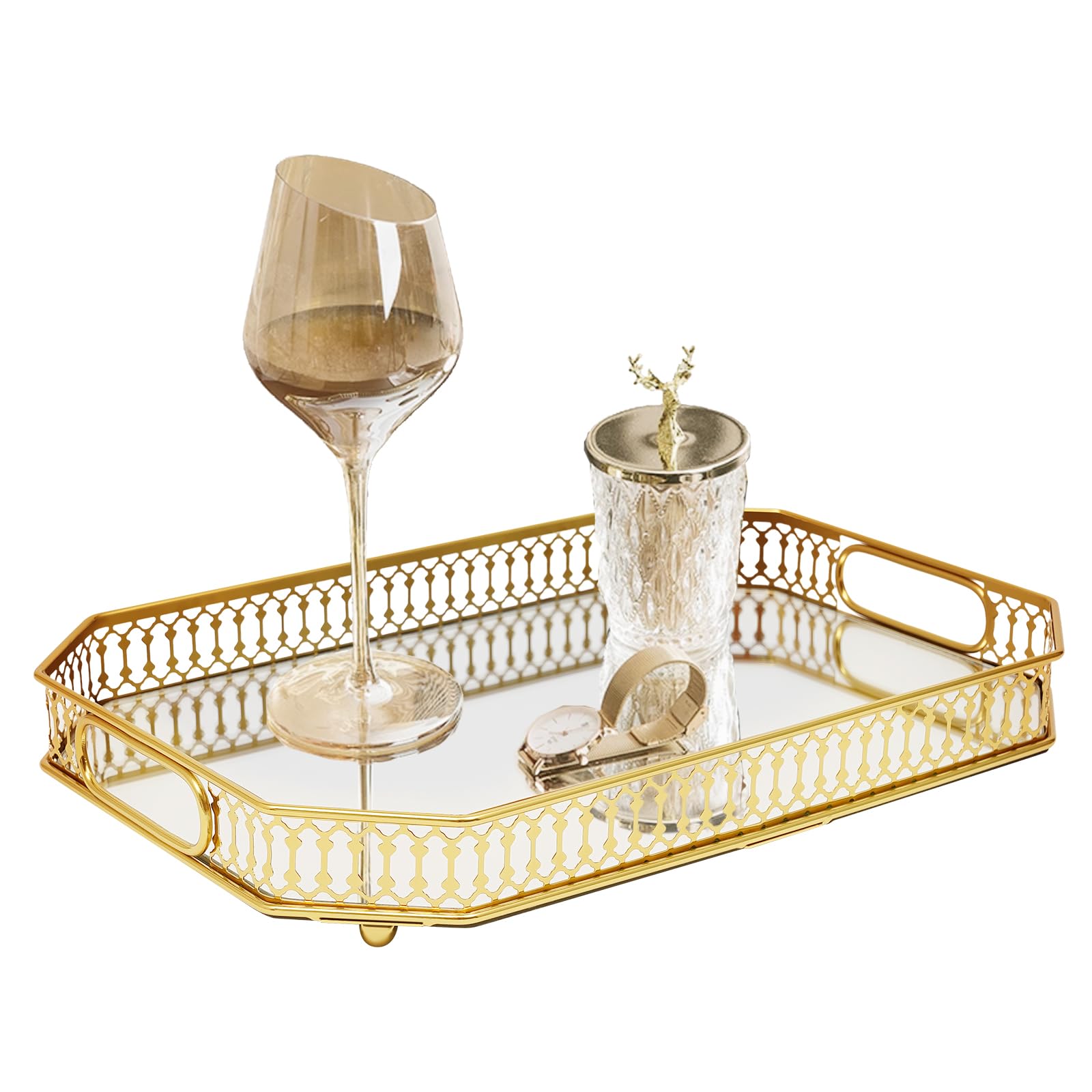 Gold Mirrored Perfume Tray, Glass Vintage Metal Octagon Mirror Surface Decorative Perfume and Makeup Organizer with Handles for Dresser Bathroom or Jewelry Display