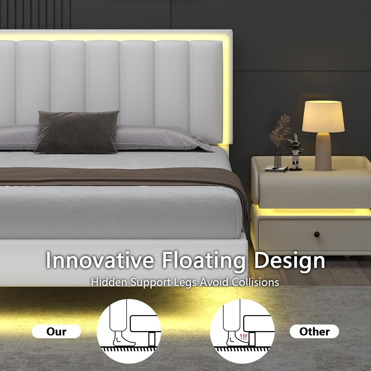 IMMERSTABLE Floating Bed Frame King Size with LED Lights, Upholstered King Bed Frame and Headboard, Solid Wood Slats Support, No Box Spring Needed, Noise-Free, Easy Assembly, White