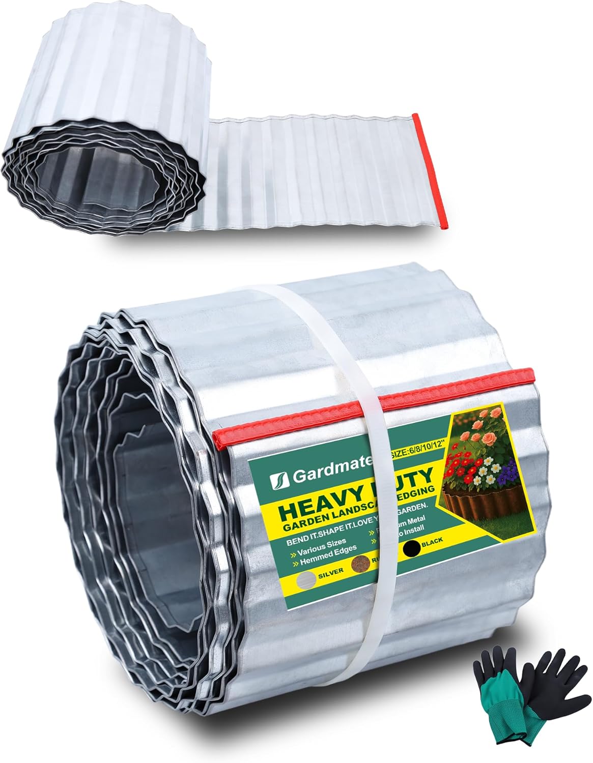 Corrugated Metal Garden Edging, Sturdy Sliver Garden Edging Border for DIY Flower Bed, Lawn and Landscape Edgings, Hemmed Edges Design, Easy Installation with Garden Gloves (12in*20FT)