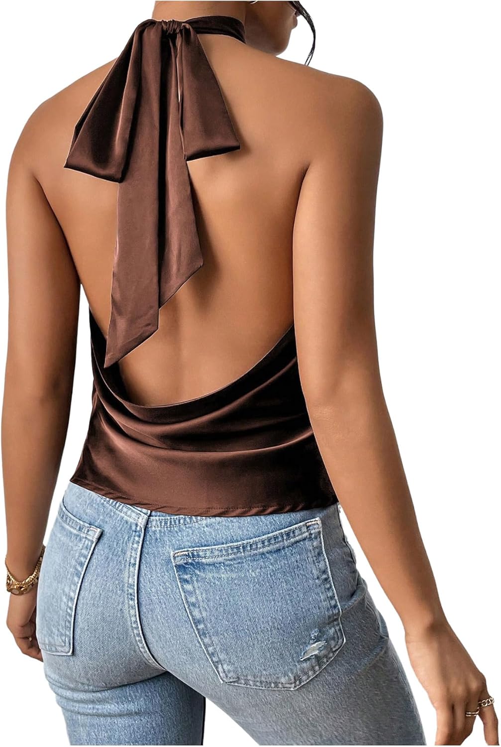 MAKEMECHIC Women's Satin Silk Halter High Neck Tops Backless Sleeveless Camisole Party Club Classy Going Out Top