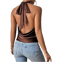 MakeMeChic Womens Summer Satin Silk Backless Halter Tank Tops High Neck Sleeveless Classy Cute Going Out Top