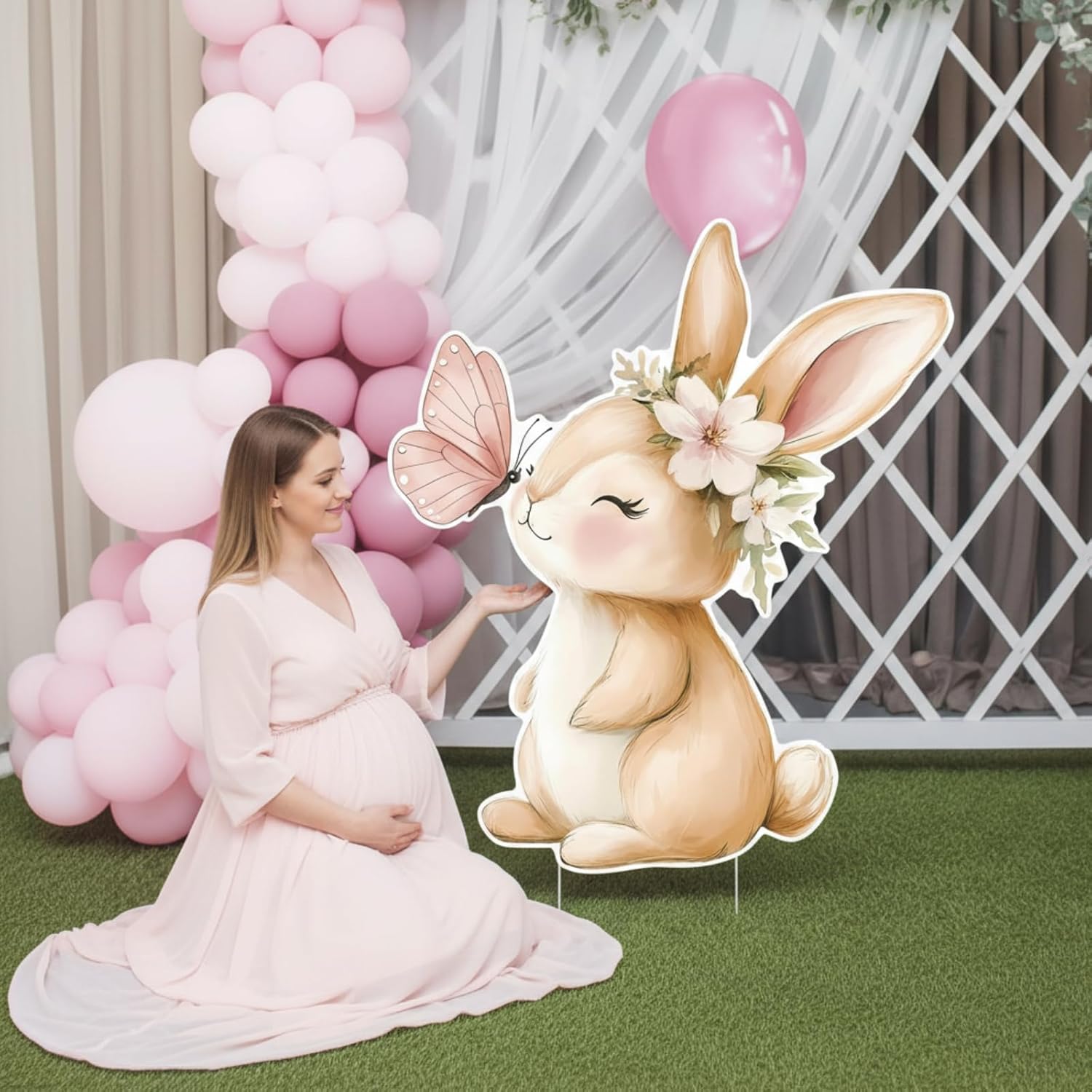 Faccito Bunny Baby Shower Decorations 32 x 28 Inch Spring Easter Bunny Backdrop Cutout Easter Yard Sign with Stakes Outdoor for Birthday Gender Reveal Party Decor