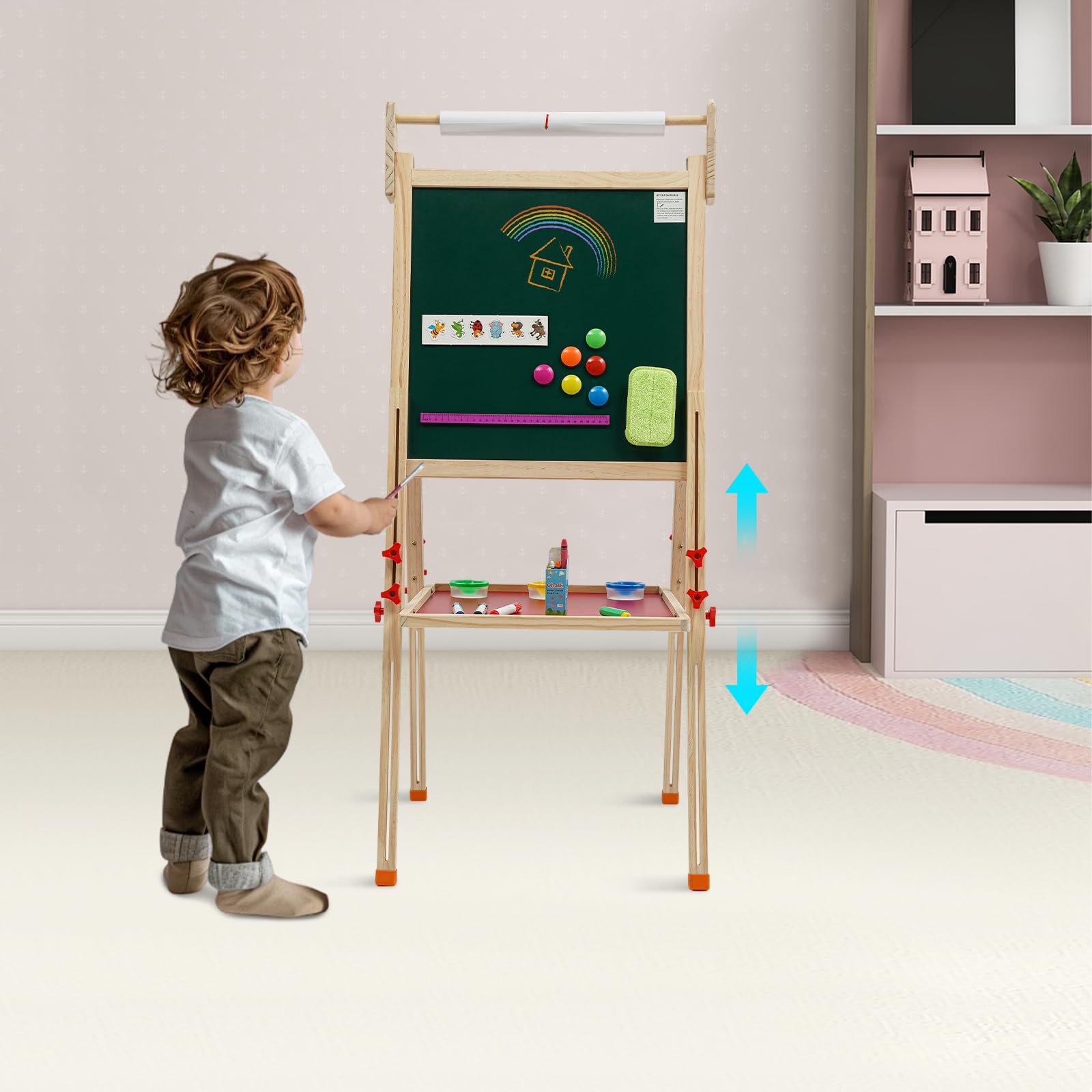 Kinderstaffelei 3-in-1 aus Kiefernholz, Doppelseitig mit Kreidetafel & Whiteboard, Höhenverstellbar 85–144 cm, mit Papierrolle & Malzubehör, Stabil & Sicher