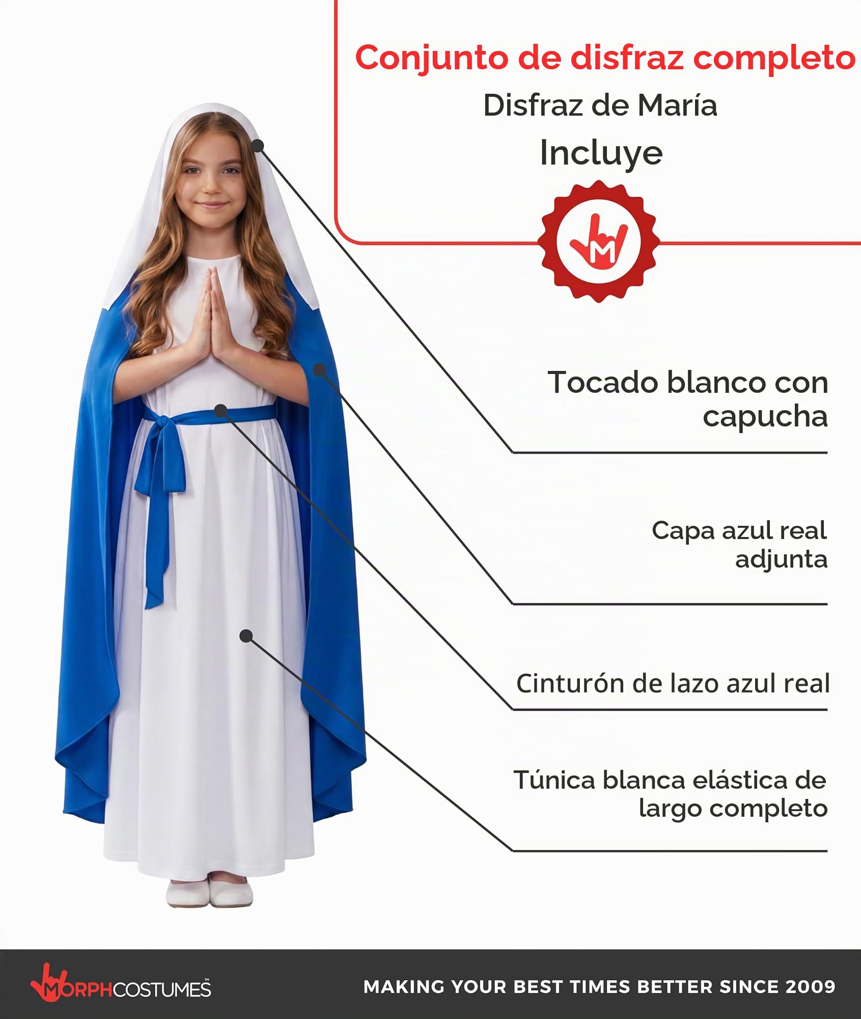 Morph Disfraz Virgen Maria Niña, Disfraz Belen Halloween Niña | Túnica Azul, Capucha, Cinturón & Capa Larga, Estilo Belén, Perfecto para Halloween, Ideal para Juegos de Rol
