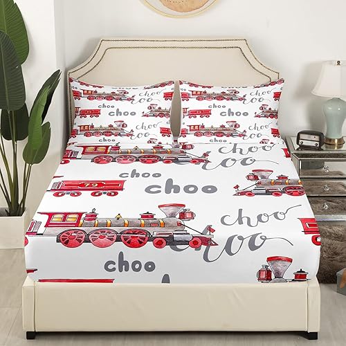 Miniatura 3 de Feelyou Juego de sábanas de dibujos animados para automóvil, juego de sábanas de tren para niños y niñas, Choo-Choo, ferrocarril, caminos, sábanas