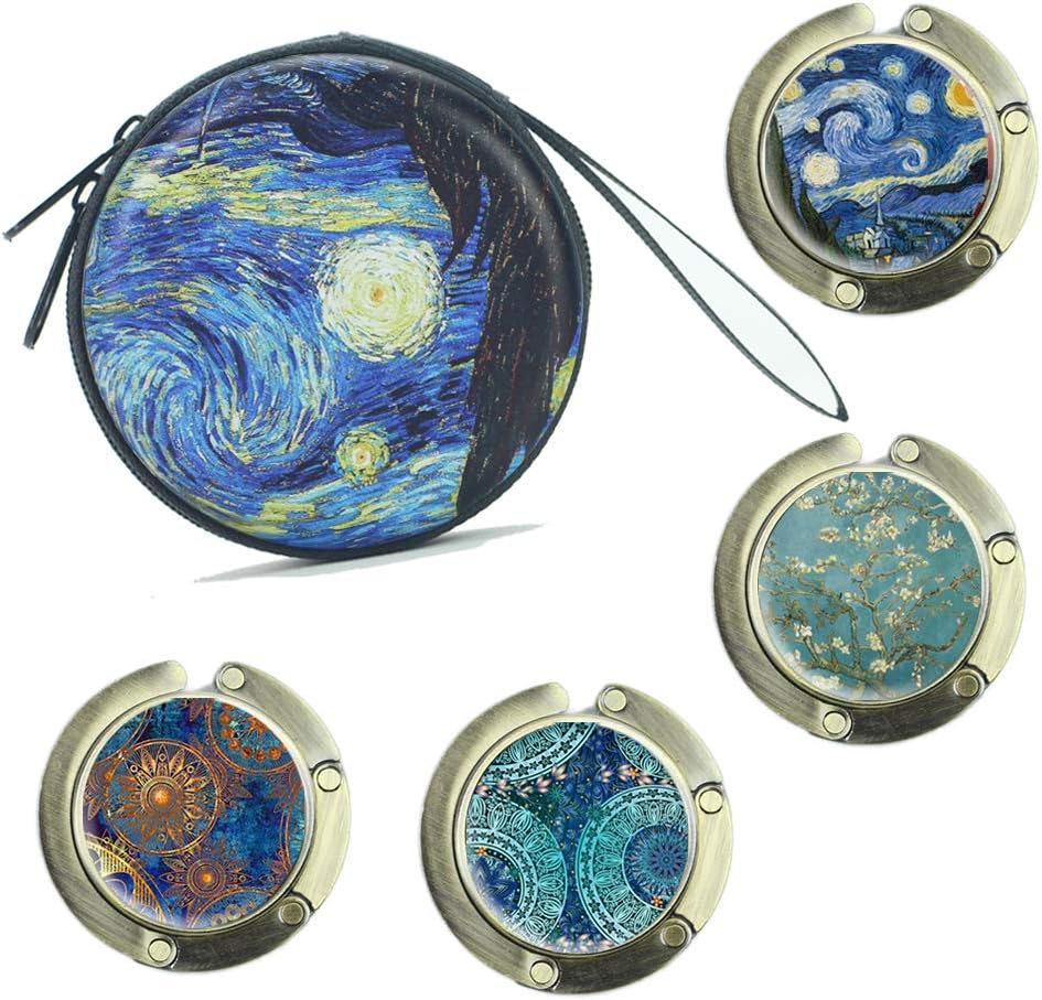 Cheliz Foldable Purse Hook Set of 4 - Hanger Folding Table Hanger Holder Womens with Pouch Storage Bag (5-Van Gogh Flower)