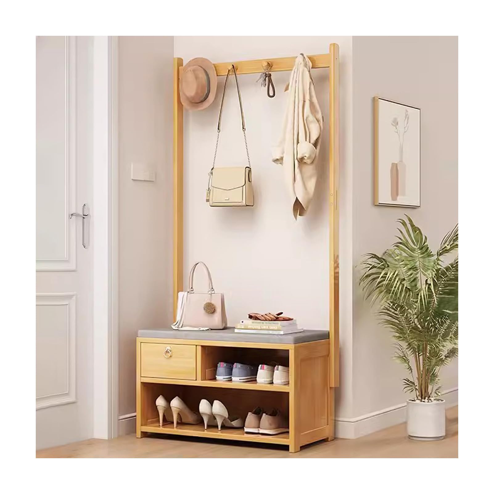 MYUYEE Entryway Bench With Coat Rack Freestanding, Hall Tree Storage Shelf Orga With Shoe Bench, Wall Rack, Hooks And Drawers, Rustic Wood Color(Wood Color-70 X 30 X 168Cm)