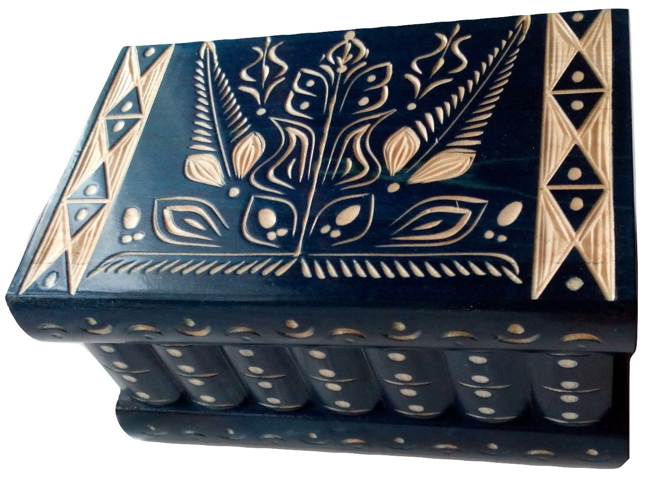 Grande mano intagliato scatola di legno di puzzle segreta magica contenitore di monili rompicapo di immagazzinaggio designe fiore decorazioni per la casa tesoro (Blu)