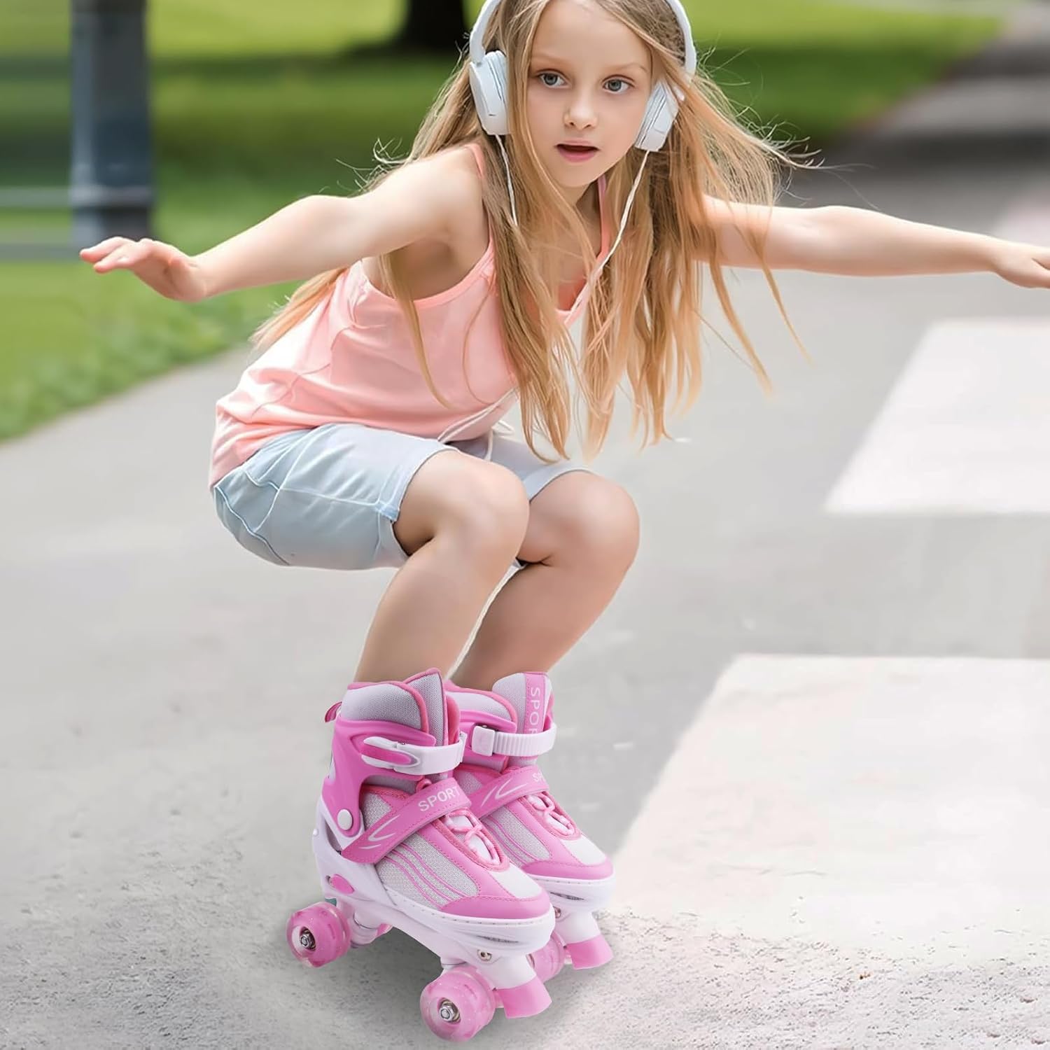 Roller Skates for Kids Boys Girls Toddler Ages 3-12, Adjustable 4 Sizes for Kids and Youth Teen with Light Up Wheels, Quad Red Roller Skates for Sports