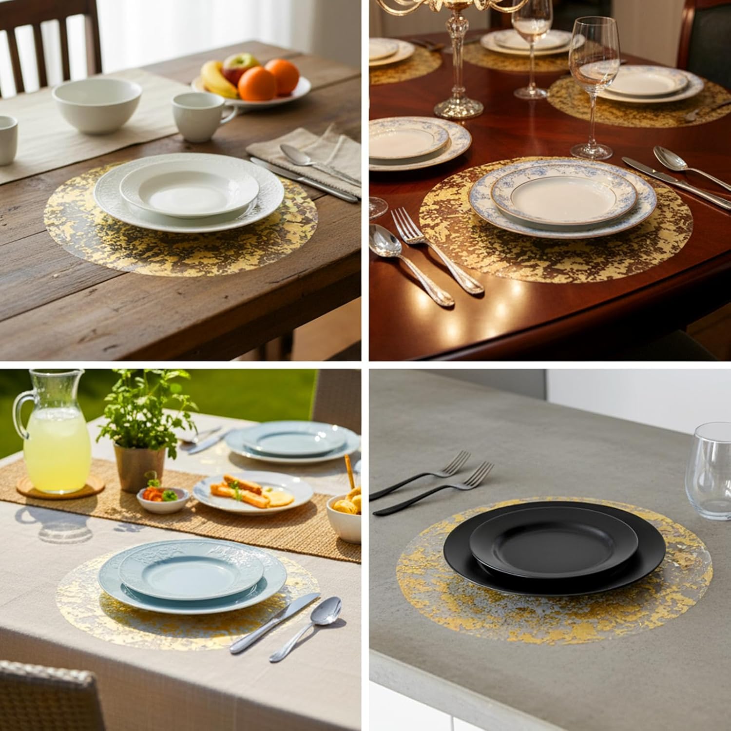 100 Pcs Disposable Gold Placemats Set, 13" Round Metallic Gold Foil Mesh Table Doilies, Metallic Thin Mesh Pressed Table Runner Golds Charger Doilies for Wedding Birthday Party Dining Decor