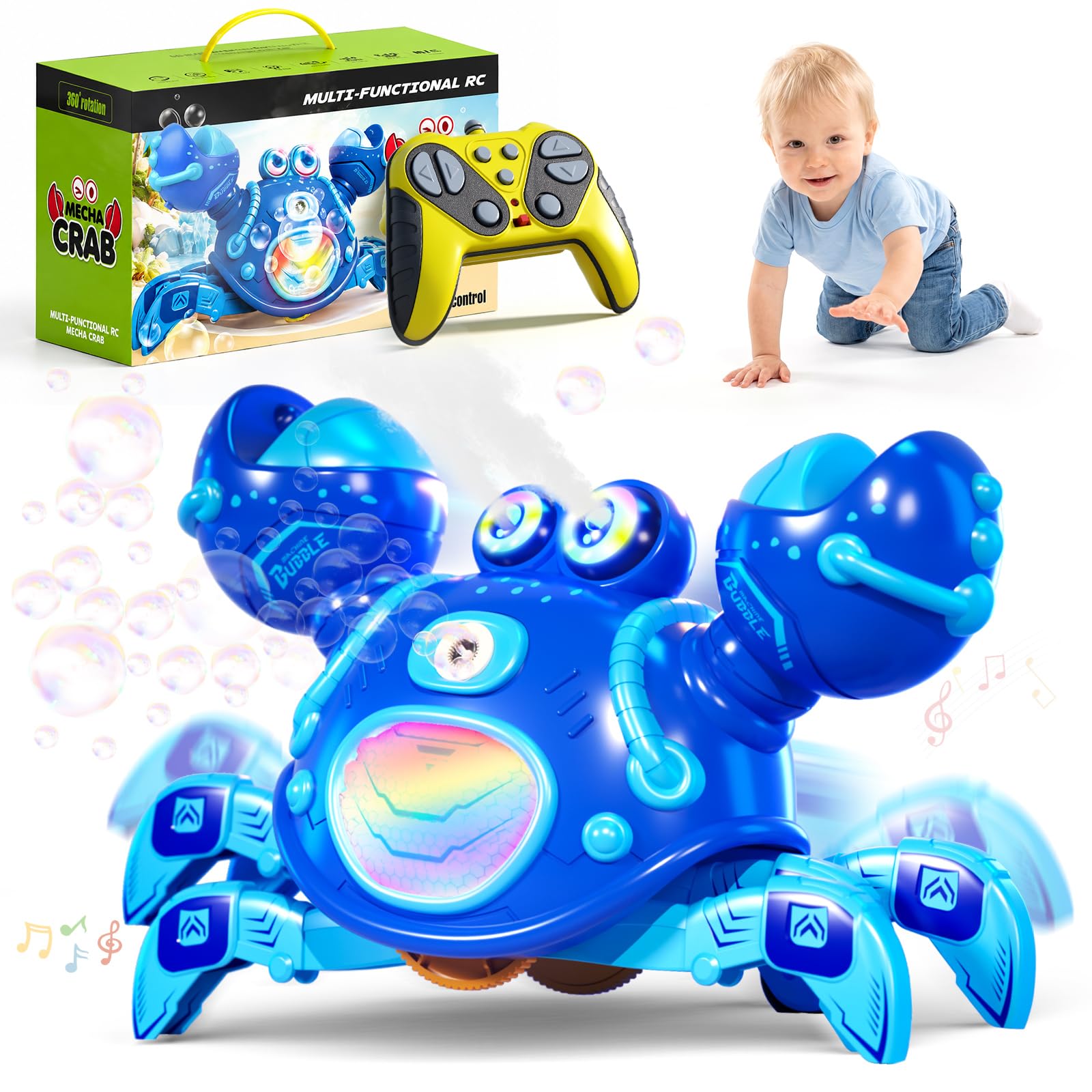 Beria Electric Bubble Machine for Kids 3-12 Year Old: Crab Bubble Machine Sound Toy Lights Up Bubble Blower Gifts for Toddler Baby Age 3 4 5 6 7 8 Birthday Presents Indoor Garden Bubble Toy Party