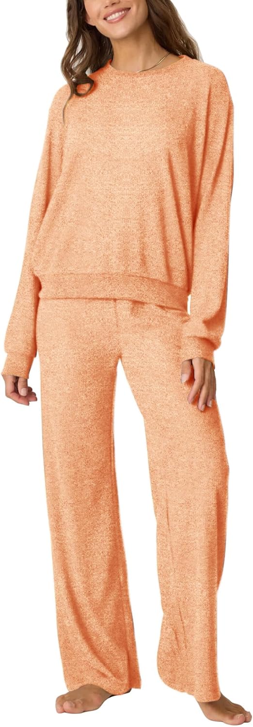 Aamikast Women's 2-Piece Lounge Set Soft Brushed Jersey Sleepwear Pajamas Set Long Sleeve Top & Wide Leg Pants