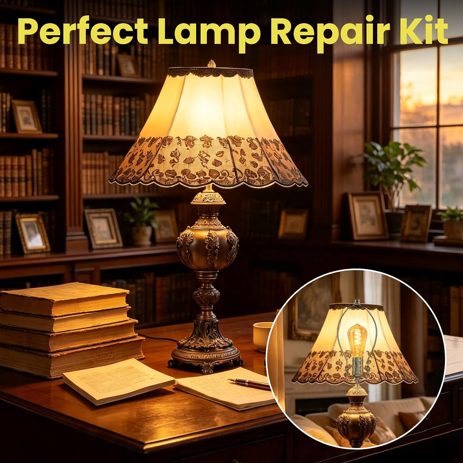 Lamp Rewire Kit with Harp,Lamp Repair Kit with E26 3 Way Socket,2P | Lamp Rewiring Kit, Make a Lamp Kit for Table Lamps, DIY Lamp Kits to Repair Old Table Lamps, Antique Brass