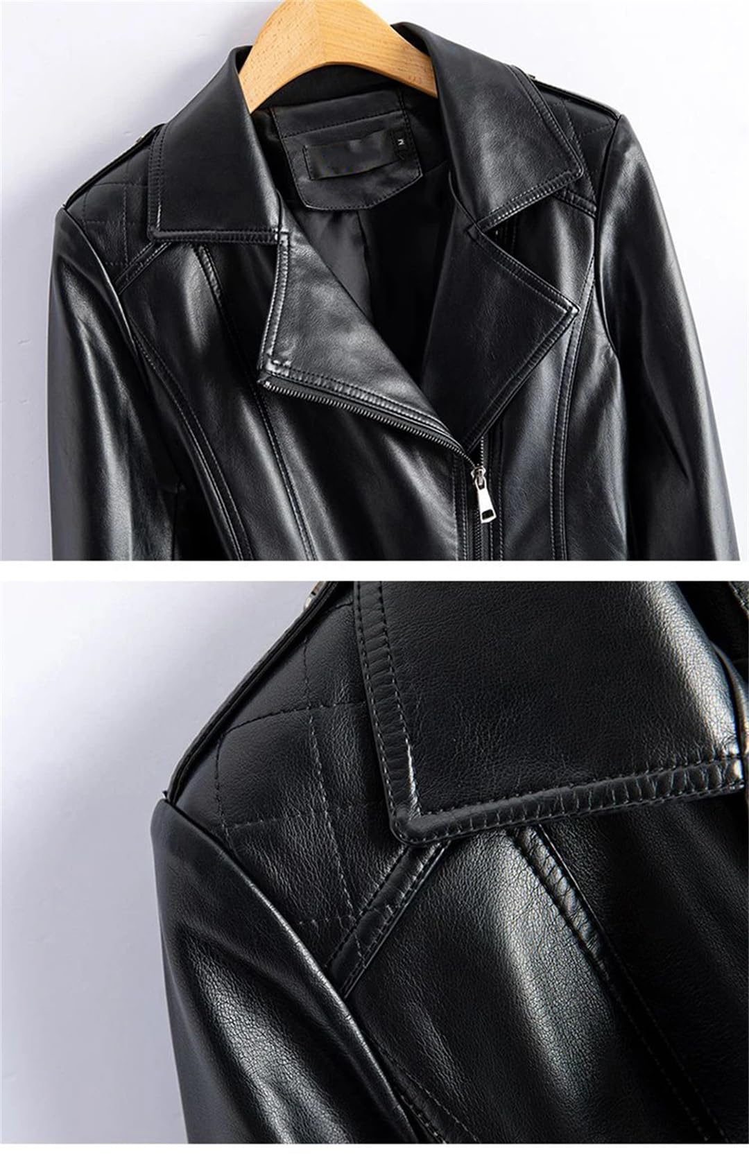 Cappotto da donna in pelle con colletto rovesciato a maniche lunghe con cerniera