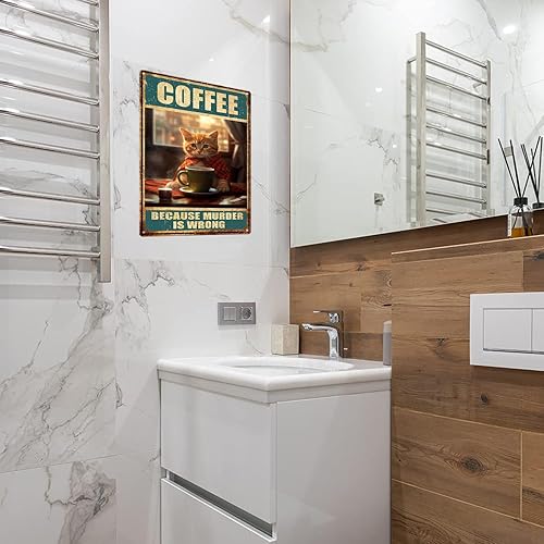 Miniatura 2 de Cartel de metal con diseño de gato divertido Coffee Because Murder is Wrong, póster para dormitorio, cuadros artísticos, pinturas decorativas, obras