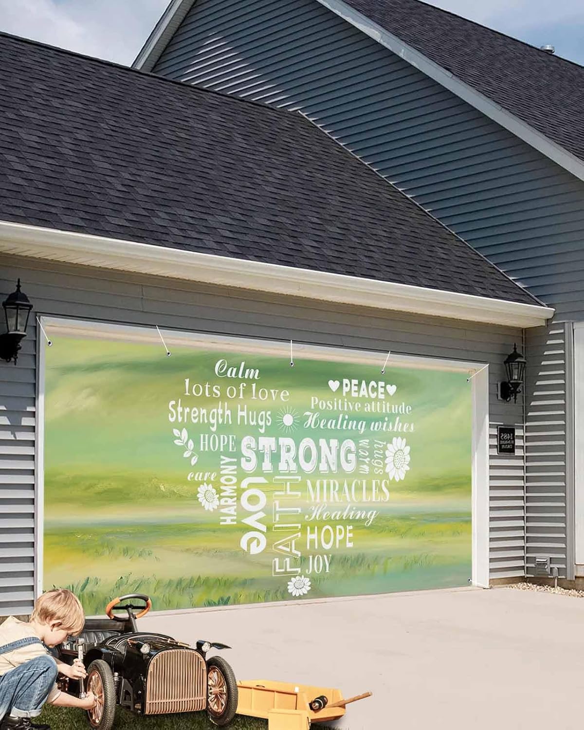 Love Peace Text Garage Door Cover Banner 7 x 8 FT, Green Inspirational Quotes Sunflowers Garage Door Curtains Backdrop with Grommets for Indoor Outdoor Wall Party Porch Yard Decorations Background