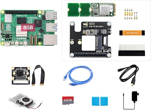 Waveshare PI5-8GB AI Kit, Compatible with Raspberry Pi 5, Bundle with PI5-8GB, Hailo-8 Acce A, 64GB TF Card, Cooler, Cable and so on (9 Items)