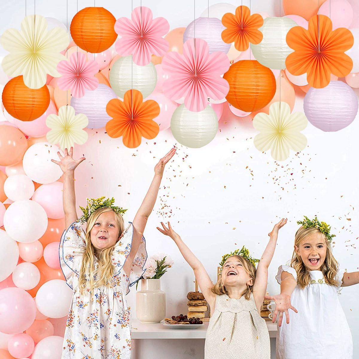 Pink and Orange Party Decorations Paper Lanterns Flower Fans for Spring Baby Shower Birthday Bridal Shower Mothers Day Classroom or Garden Party Decor Set of 18