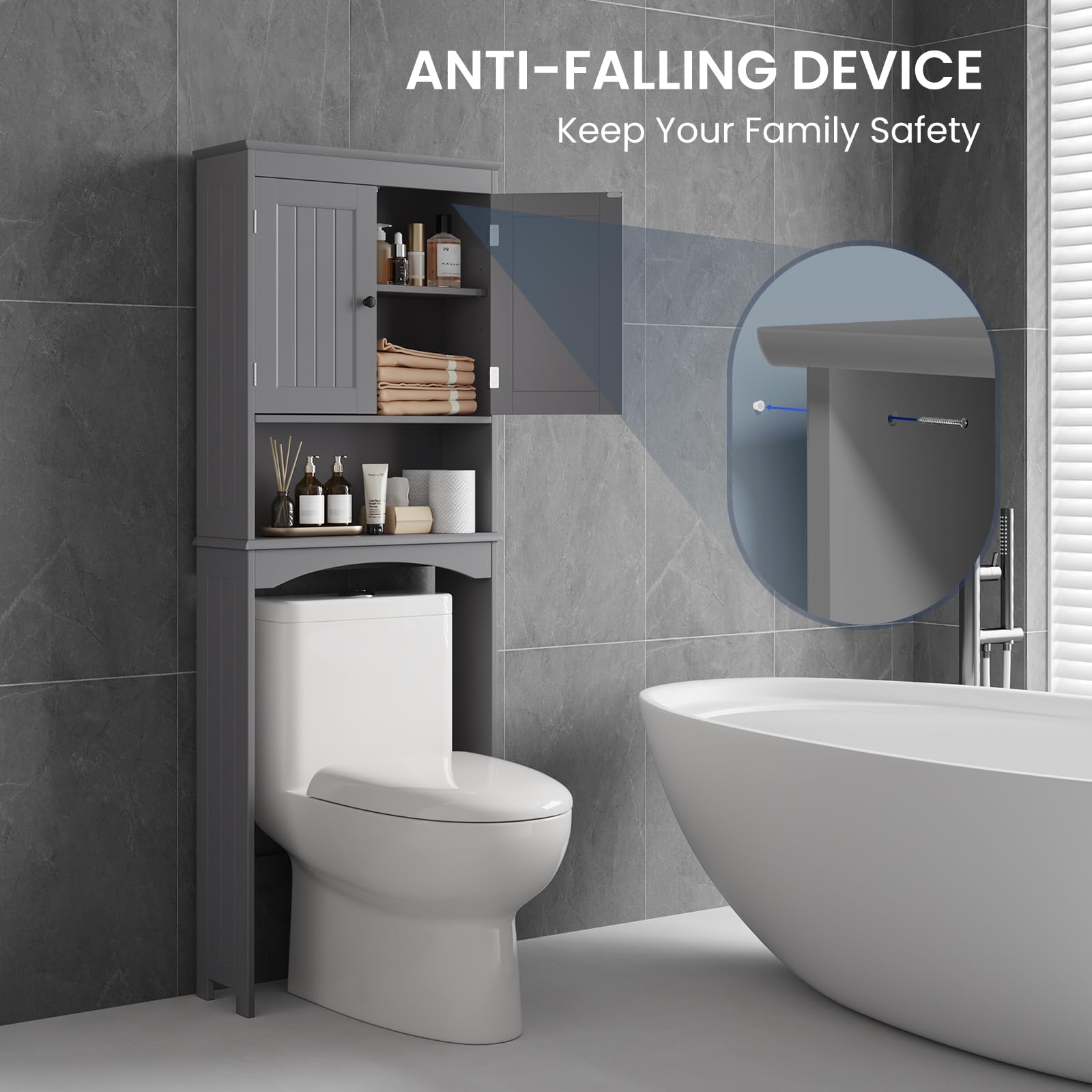 Bealife Toilettenregal, Regal über Toilette mit 3-stufigen verstellbaren Regalen, WC Überbauschrank Freistehend, Überbau Toilettenschrank mit Doppeltüren für Badezimmer (Grau)