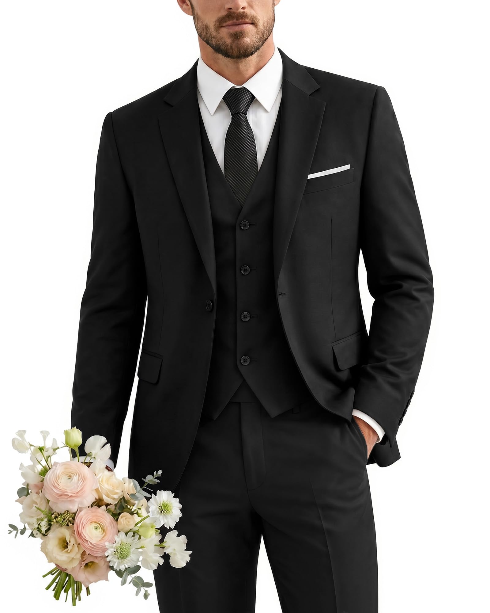 YND - Traje ajustado de 3 piezas para hombre, juego de chaqueta lisa con un botón, chaleco, pantalones y corbata