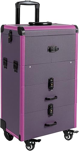 Miniatura 8 de LyeXD Estuche de tren de maquillaje rodante, organizador de cosméticos portátil con cerradura con 2 cajones y llaves, estuche grande de