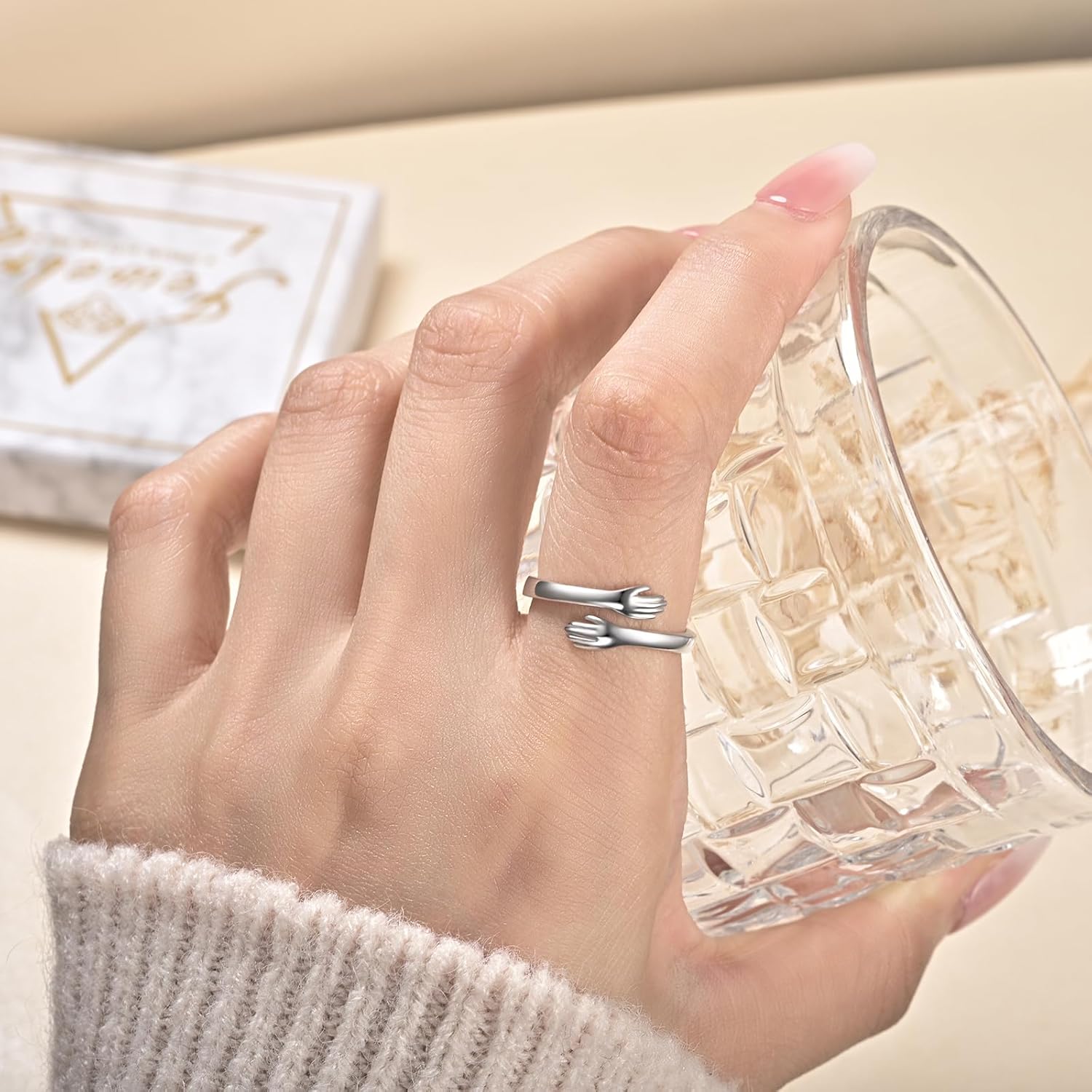 S925 Sterling Silver Hug Ring for Women Teen Girls Adjustable Ring Jewelry Gifts