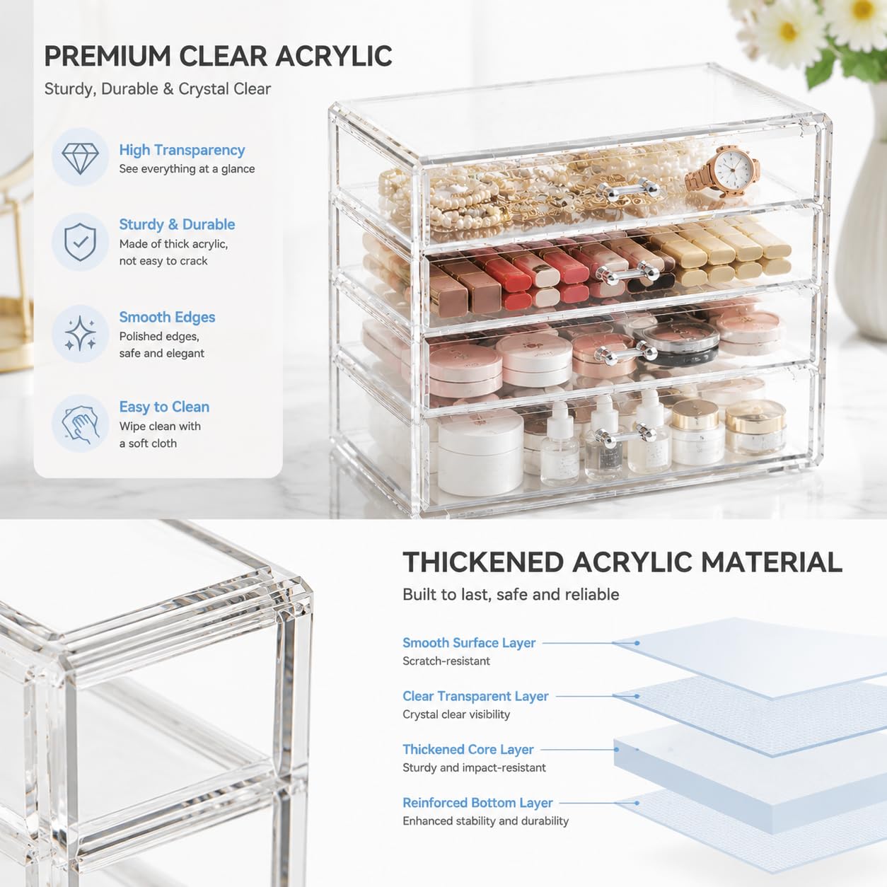 Healeved Scatola di immagazzinaggio di trucco acrilico 4 cassetti Desktop Cosmetic Organizer Grande Caso di trucco domestico a quattro strati per cosmetici da tavolo Vanity
