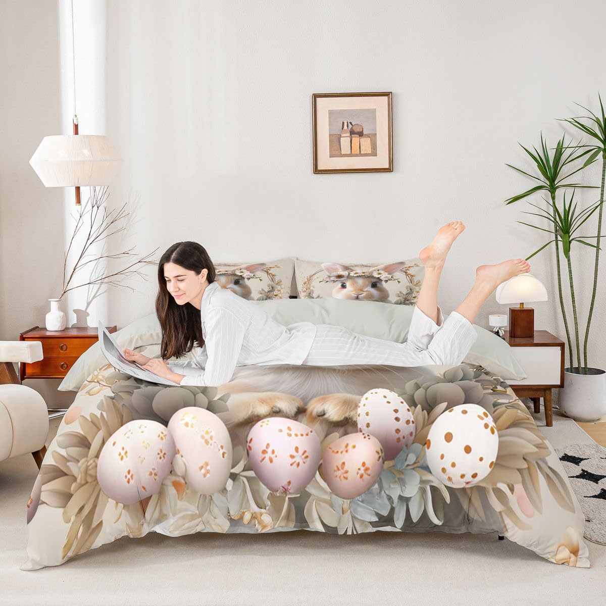 Erosebridal Easter Bunny Comforter Cover for Kids, Happy Easter Eggs Duvet Cover Cute Rabbit with Flower Bedding Set for Girls Boys Women Bedroom, Cartoon Animal Pet Floral Bedspread Cover, Queen