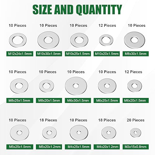 Miniatura 2 de Kit surtido de 180 arandelas planas de acero inoxidable 304, 15 tamaños (M3-M12), arandelas de metal grueso para tornillos y pernos, uso doméstico e