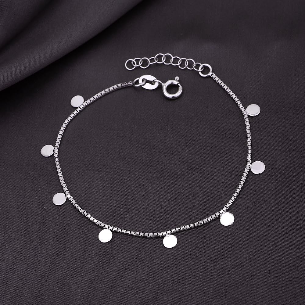 Vanbelle Sterling Silver Jewelry - Rhodium Plated with 925 Stamp - Dangling Multi-disc Charm Bracelet - Elegant Handcrafted Beautifully Deisgned for Women 6.50" Long + 1" Extender